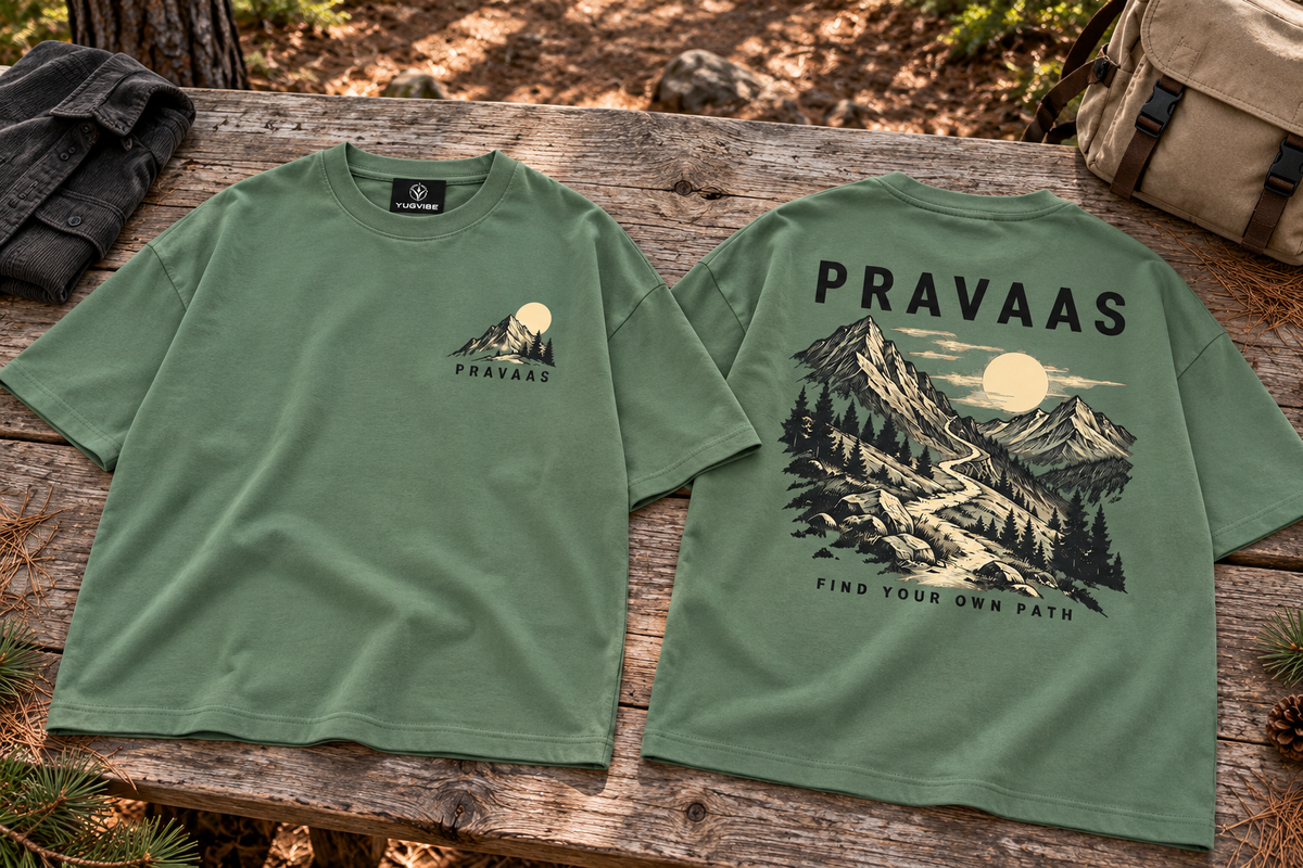 Pravaas Sage Green oversized T-shirt, front and back flat-lay with mountain artwork