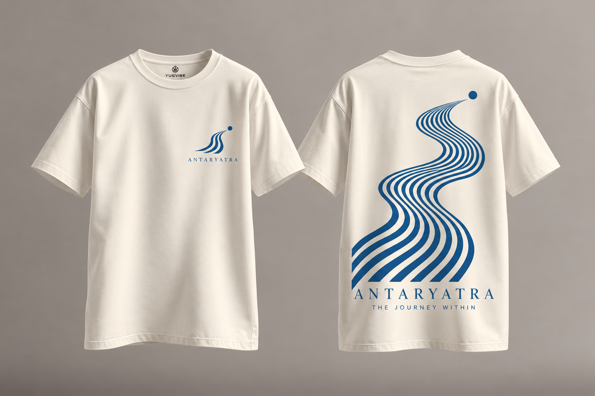 Antaryatra Offwhite oversized T-shirt, floating front and back showcase view