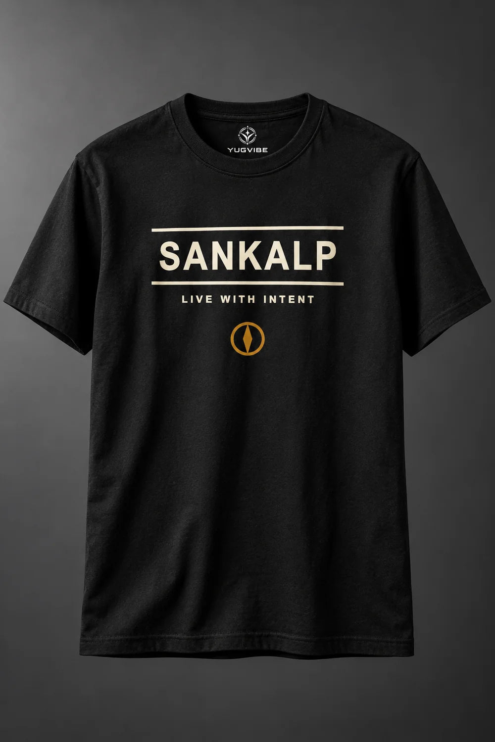 Sankalp — Live With Intent | 180 GSM Regular Fit T-Shirt — Black · Front mockup
