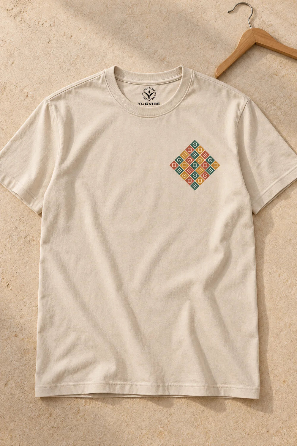 Tattva — Block Tile | 180 GSM Regular Fit T-Shirt — Beige · Front mockup
