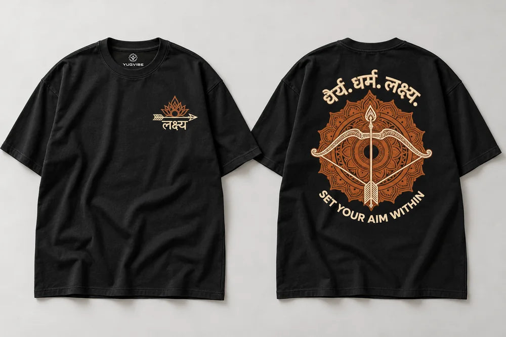 Dhairya. Dharma. Lakshya. | 220 GSM Oversized T-shirt — Black · Front and back DTF mockup