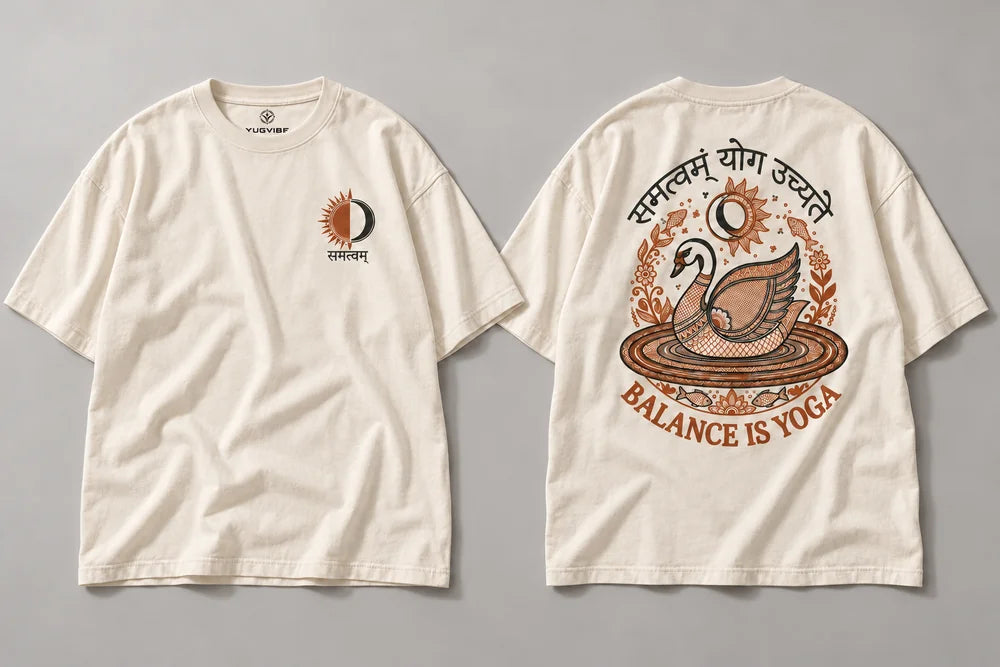 Samatvam — Swan | 220 GSM Oversized T-shirt — Offwhite · Front and back DTF mockup