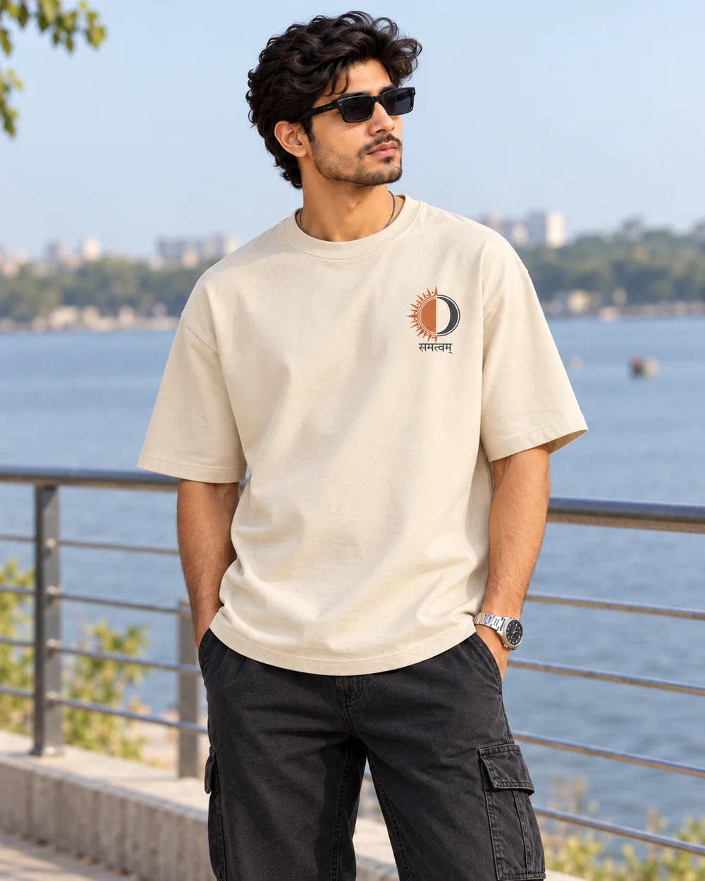 Samatvam — Swan | 220 GSM Oversized T-shirt — Offwhite · Front model view