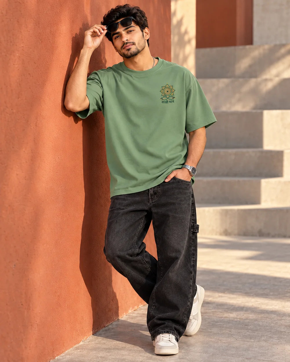 Sakshi Bhav — Tree | 220 GSM Oversized T-shirt — Sage Green · Front view