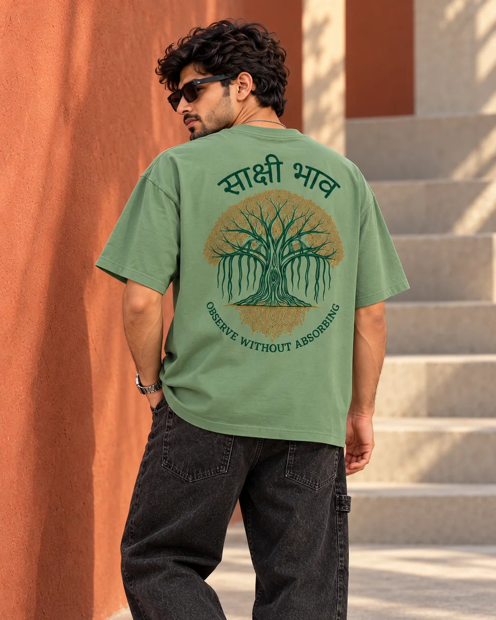 Sakshi Bhav — Tree | 220 GSM Oversized T-shirt — Sage Green · Back view