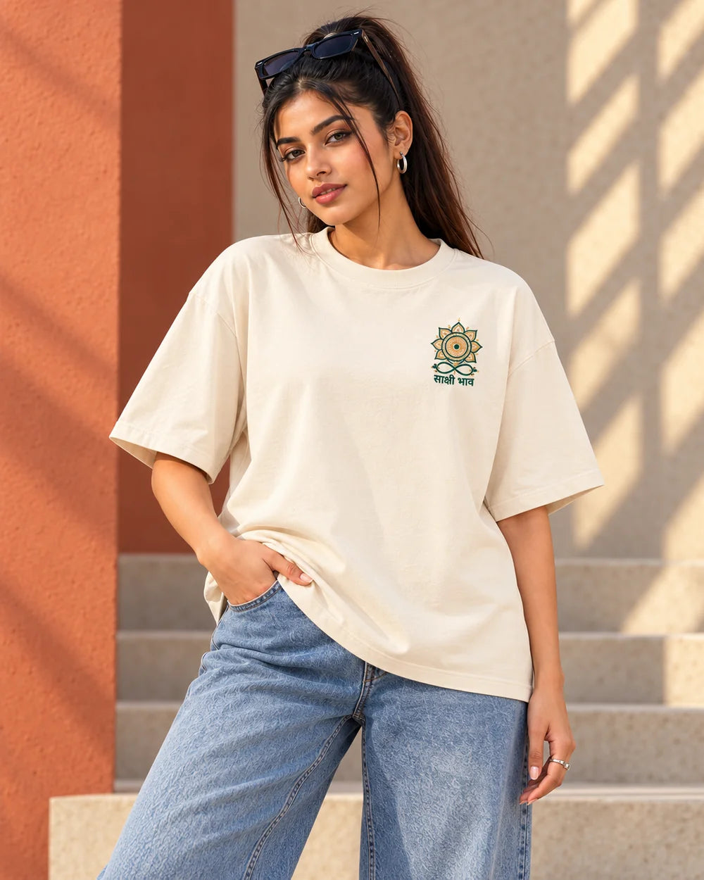 Sakshi Bhav — Tree | 220 GSM Oversized T-shirt — Offwhite · Front view