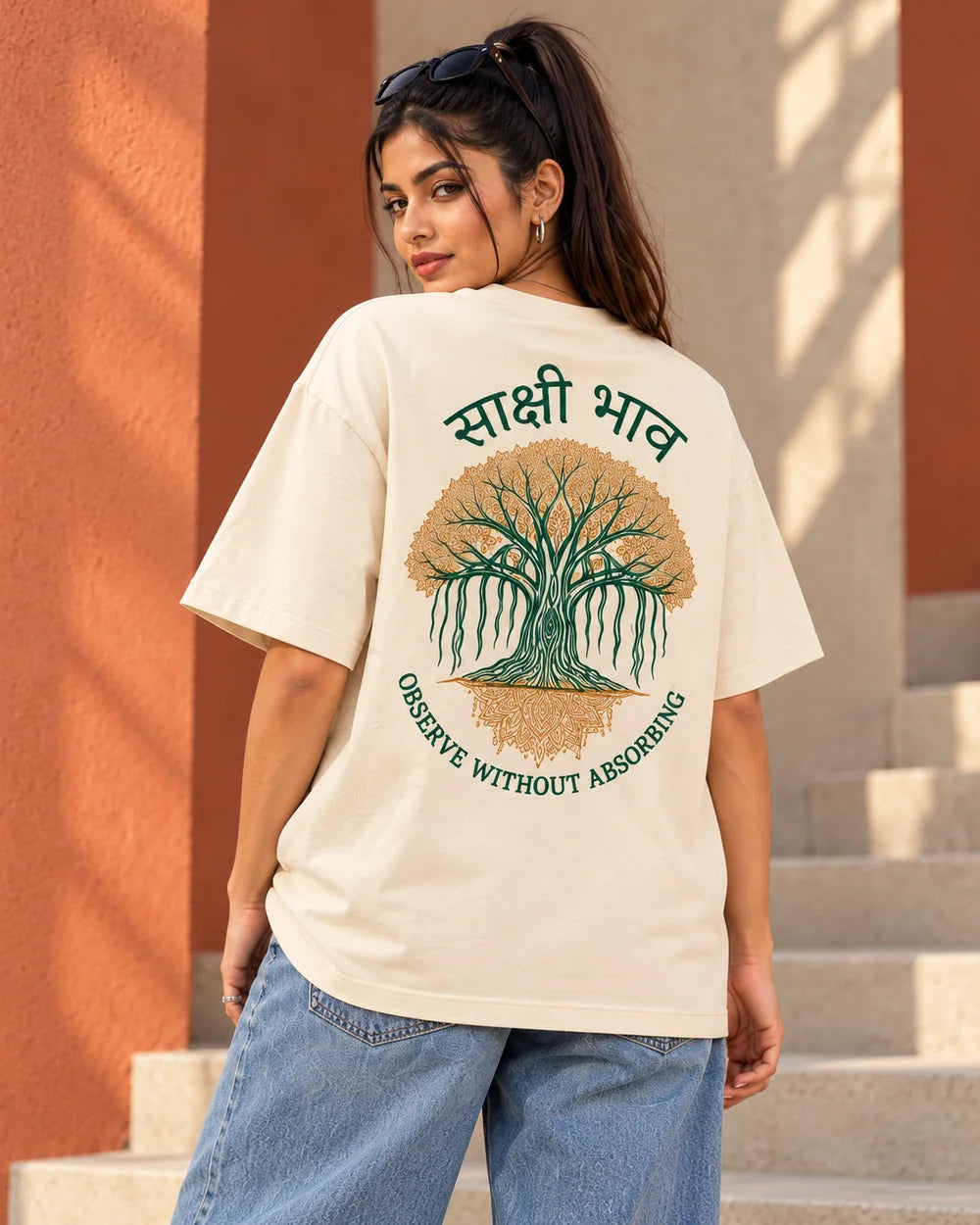 Sakshi Bhav — Tree | 220 GSM Oversized T-shirt — Offwhite · Back view