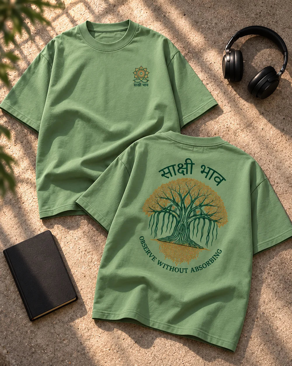 Sakshi Bhav — Tree | 220 GSM Oversized T-shirt — Sage Green · Styled flat-lay